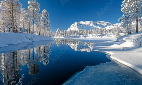 Frozen winter lake reflecting snowy pines and mountains.