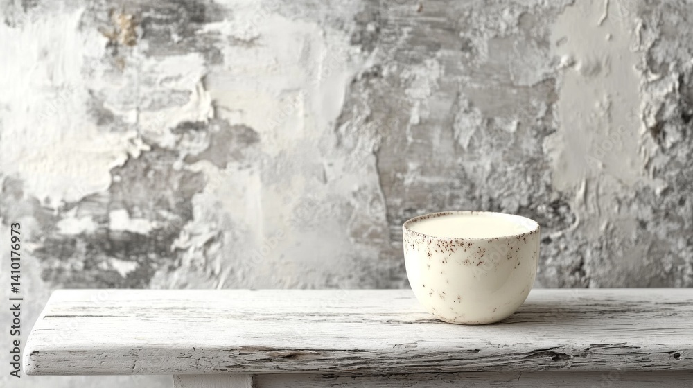Stylish mug on wooden shelf in front of textured wall, minimalism and cozy. Kitchen interiors, cafe interiors, home decor, design blog.