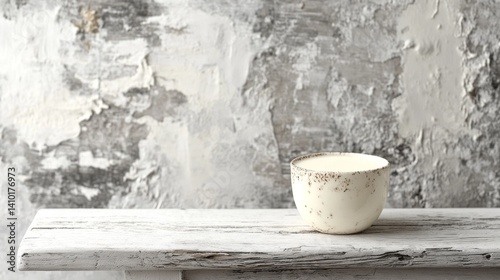 Obraz na płótnie Stylish mug on wooden shelf in front of textured wall, minimalism and cozy. Kitchen interiors, cafe interiors, home decor, design blog. w salonie