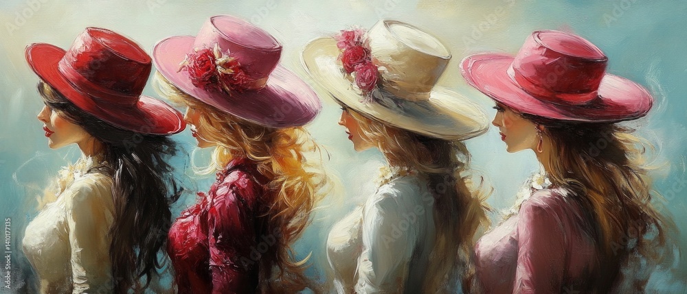 Four women in big hats looking away, background for fashion blogs, clothing ads.