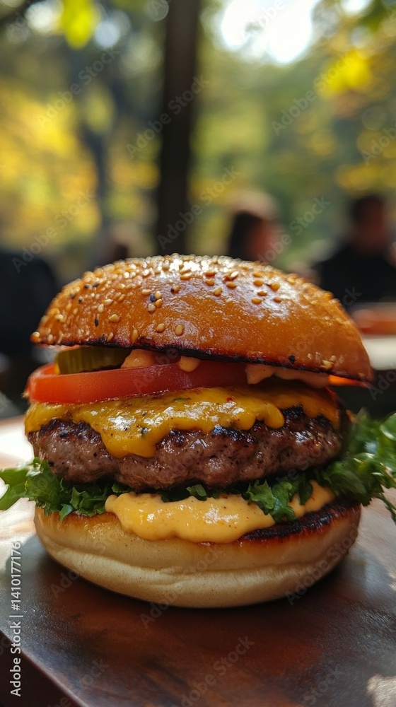 Juicy burger with cheese, lettuce and tomato on a wooden plate, appetizing and colorful. Suitable for advertising fast food, restaurants, food blogs.