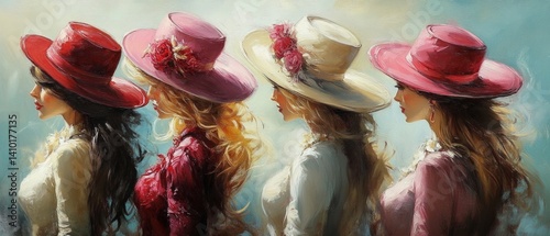 Obraz na płótnie Four women in big hats looking away, background for fashion blogs, clothing ads. w salonie