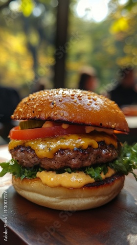 Obraz na płótnie Juicy burger with cheese, lettuce and tomato on a wooden plate, appetizing and colorful. Suitable for advertising fast food, restaurants, food blogs. w salonie