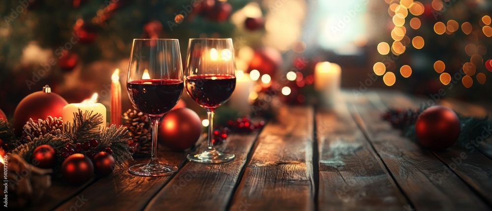 Two glasses of red wine on wooden table with New Year decorations and candles..Creating a festive atmosphere, postcard design, advertising New Year's events.
