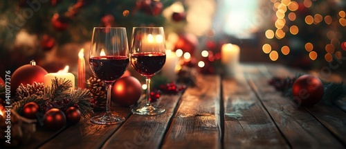 Obraz na płótnie Two glasses of red wine on wooden table with New Year decorations and candles..Creating a festive atmosphere, postcard design, advertising New Year's events. w salonie