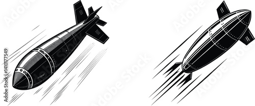 Vector Illustration of Falling Bombs in Black and White Depicting Motion and Speed with Sharp Fins and Streamlined Shape
