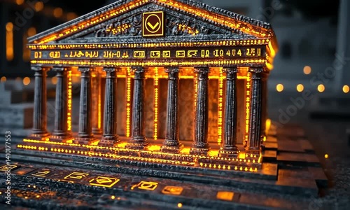 Illuminated digital model of a historical bank building.
