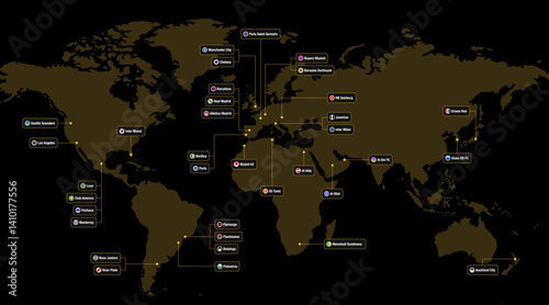 Vector map showing global locations of top football clubs in the FIFA Club World Cup 2025. Features team logos and continents. Ideal for sports graphics, infographics, and editorial design.