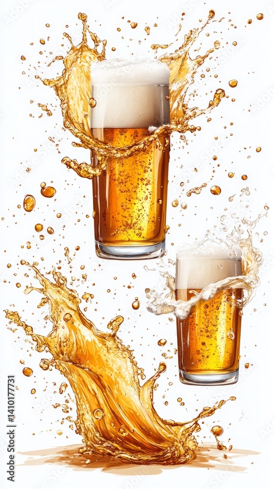 Two glasses of beer with foam cap and splash on white background. Beer advertising, bars, restaurants, festive events, packaging design.