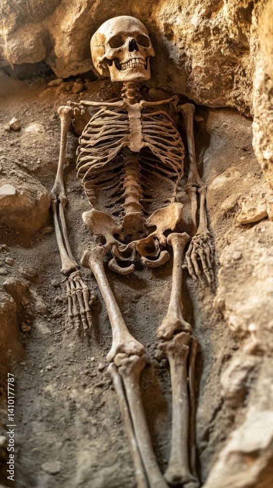 Human skeleton in a cave, archaeological excavation. Teaching materials on history, anthropology, archaeology.