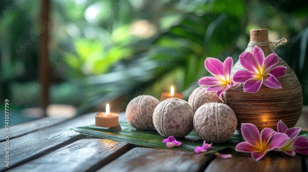 Spa composition with aromatic candles, flowers and massage balls on a wooden surface. Relaxation, body care, wellness..Featuring articles on relaxation, spa treatments, and body care.