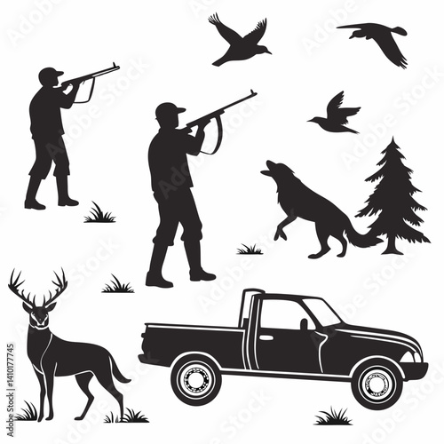 Hunting Scene Silhouette With Hunters,Birds,Deer,Dog,Tree,And Truck Illustration For Outdoor Adventures And Wildlife Themes