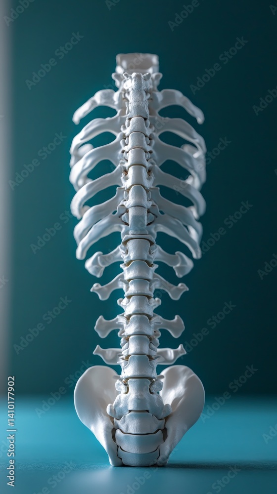 Spine model on dark background, detailed anatomical illustration. Useful for educational materials, medical articles, advertising of orthopedic services.