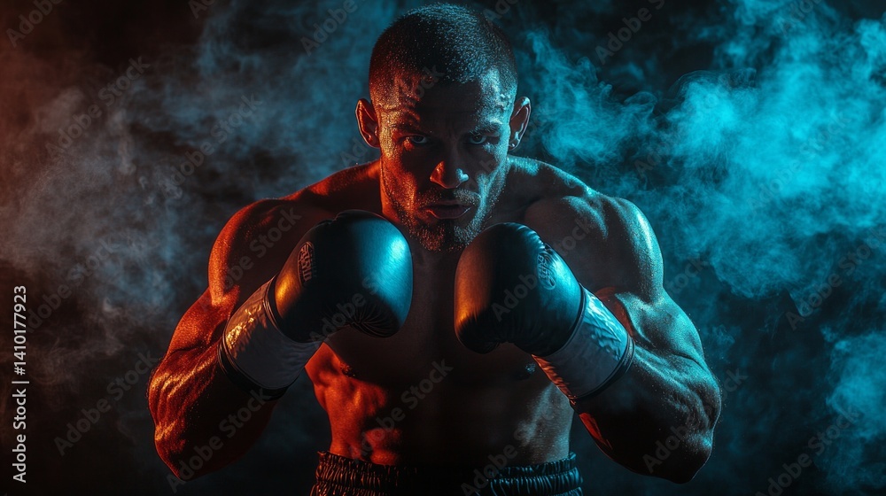 Boxer in bright lighting with smoke in the background, preparing to punch. Great for sports blogs, boxing gloves ads, motivational posters.