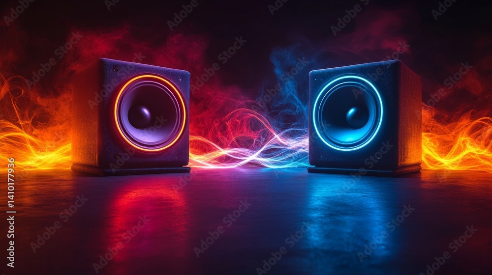 Two bright backlit speakers on a dark background with smoke effect. Background for advertising audio equipment, music events, night clubs.