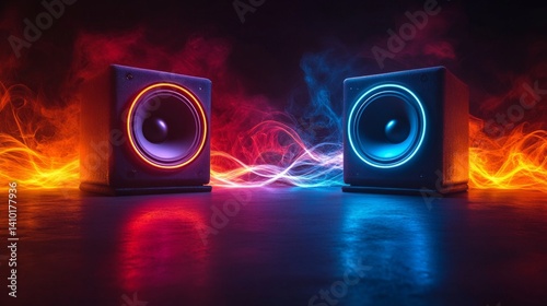 Obraz na płótnie Two bright backlit speakers on a dark background with smoke effect. Background for advertising audio equipment, music events, night clubs. w salonie