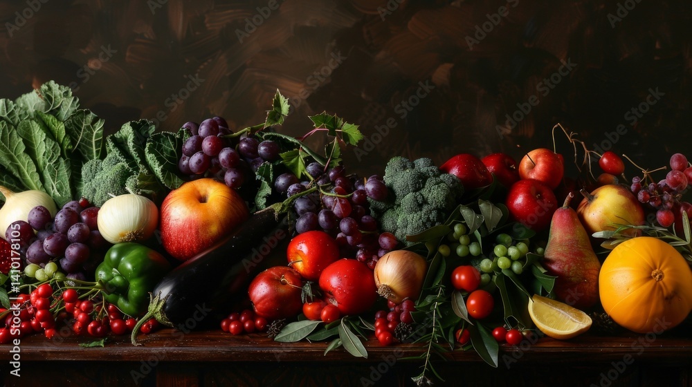Still life with fruits, vegetables and greens on wooden table, bright colors. Healthy food advertising, culinary blogs, interior design.