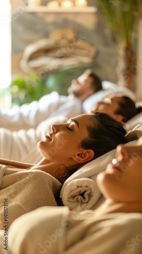 Obraz na płótnie A group of people at a spa relaxing on massage tables with their eyes closed..In advertisements for spa services, on websites about health and relaxation, in blogs about self-care. w salonie