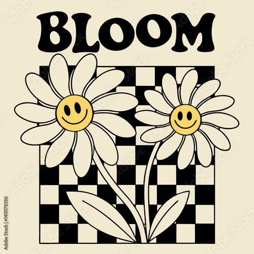 Bloom Happy Daisy Flowers with Smiley Faces T-shirt Design for Spring.