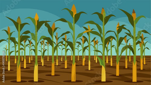 Rows upon rows of withered corn stalks their oncepromising cobs now small and shriveled.. Vector illustration