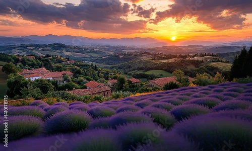 Picturesque lavender fields at sunset over Tuscan hills.