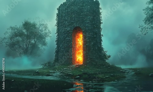 Mystical stone tower with glowing portal.