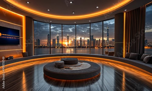 Modern, curved room with city view, sunset.