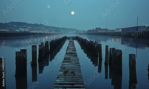 Moonlit wooden walkway over calm water, serene landscape.