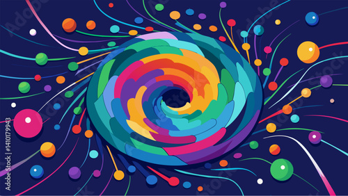 A vortex of multicolored particles illustrating the vast amount of information that can be processed simultaneously through quantum computing.. Vector illustration