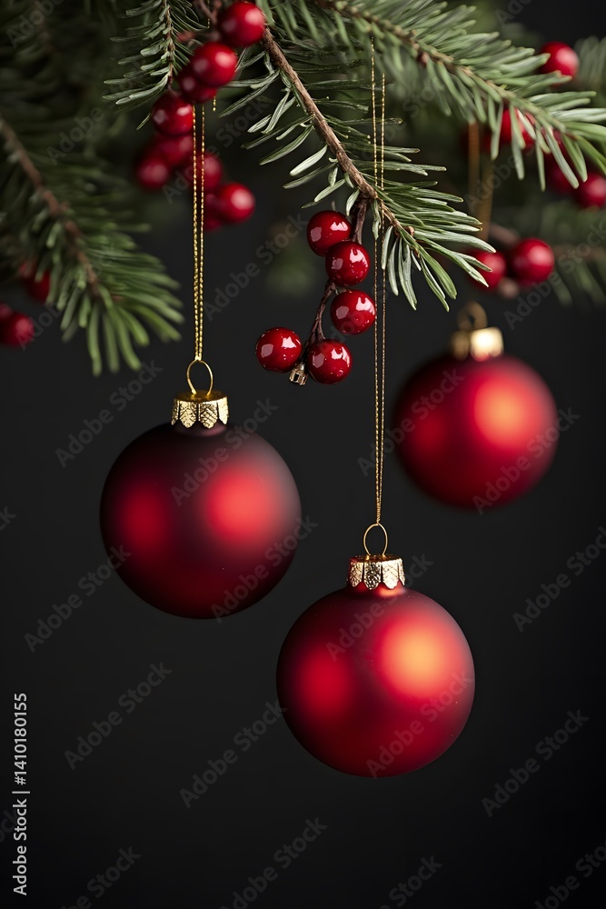 Red Christmas Ornaments Hanging on Fir Branch Red Christmas Ornaments Hanging on Fir Branch