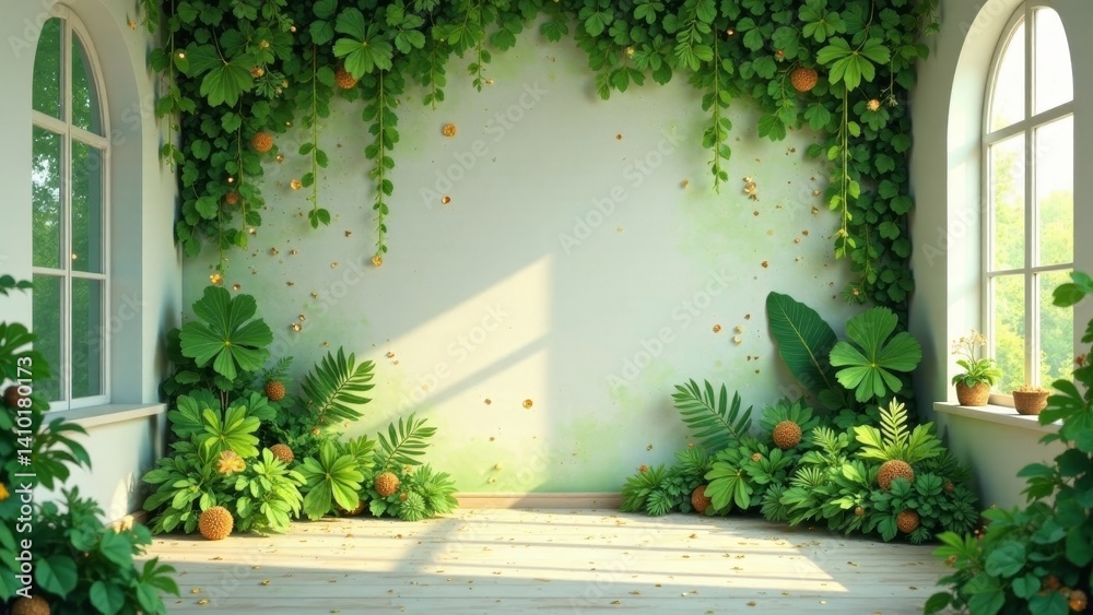 Naklejka premium Serene Indoor Oasis Lush Greenery and Golden Accents Adorn a Bright Room with Large Windows