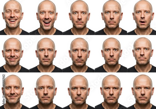 Multiple expressions on a bald man's face, showing a spectrum of human emotions in a studio setting.