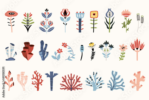 Folk hygge ocean clip arts, hand drawn vector set in Scandinavian Nordic style, isolated on white. Collection of classic ethnic elements. The scandi folk motifs - corals, flowers and seaweeds