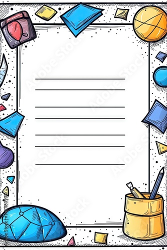 Colorful geometric border frames a lined writing template