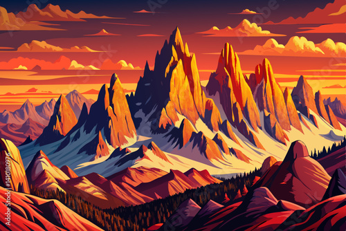 Beautiful landscape of Italian dolomites peak mountains at sunset time,  Simple cartoon design Flat style vector illustration