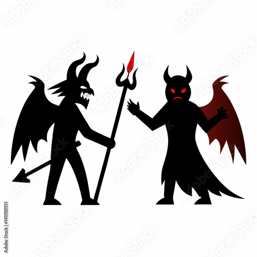 Two Cartoon Devils With Trident Symbolizing Halloween Or Horror Theme Isolated On White Background In Black Silhouette