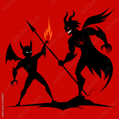 Cartoon Demon Duel On Fiery Red Background With Spear And Evil Winged Silhouette Ready To Fight