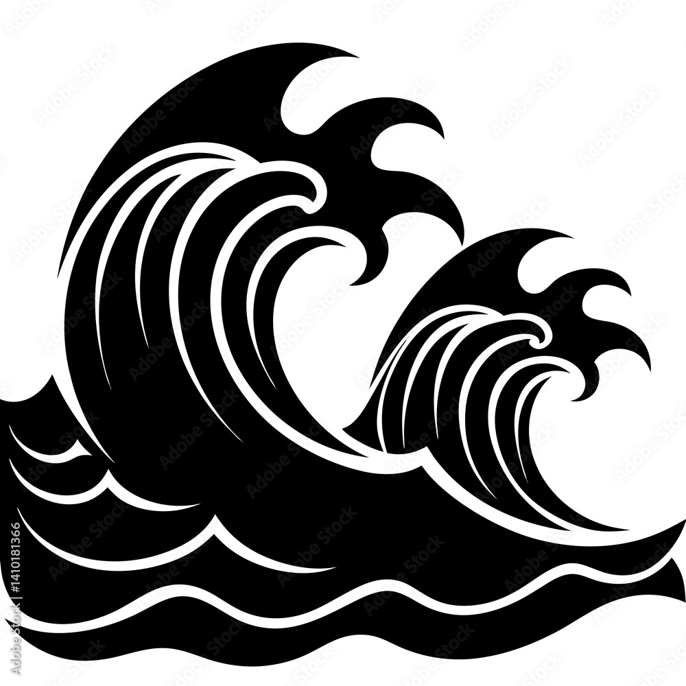 Naklejka premium Powerful Ocean Wave Graphic Illustration In Black And White Maritime Design Creating A Nautical Seascape With Stylized Elements