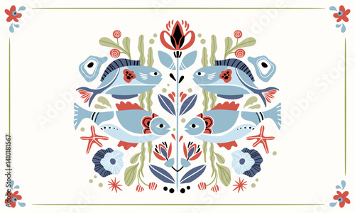 Folk hygge ready to use vector ocean print in Scandinavian style, folkloric isolated design on white. Composition with classic ethnic elements. Scandi folk motifs - sea animals, fishes and flowers