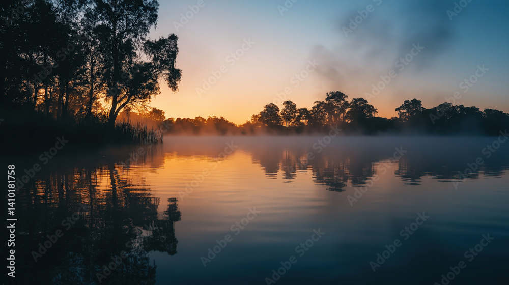 Obraz premium serene morning on lake with mist rising over water, surrounded by silhouetted trees against vibrant sunrise sky. tranquil scene evokes sense of peace and calm
