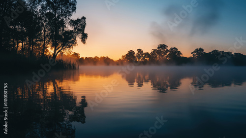 Fototapeta Naklejka Na Ścianę i Meble -  serene morning on lake with mist rising over water, surrounded by silhouetted trees against vibrant sunrise sky. tranquil scene evokes sense of peace and calm