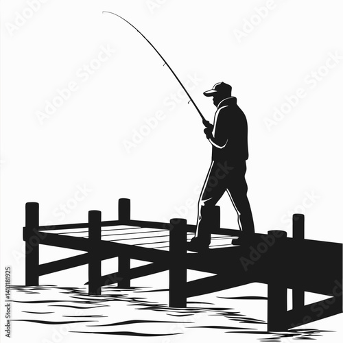 Silhouette Of Fisherman On Wooden Pier Fishing Rod Angling Hobby Leisure Outdoor Water Scene Vector Illustration For Stock