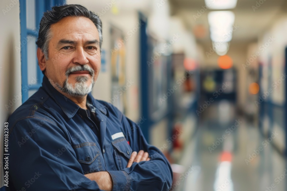 Obraz premium Portrait of a smiling American school janitor in elementary school