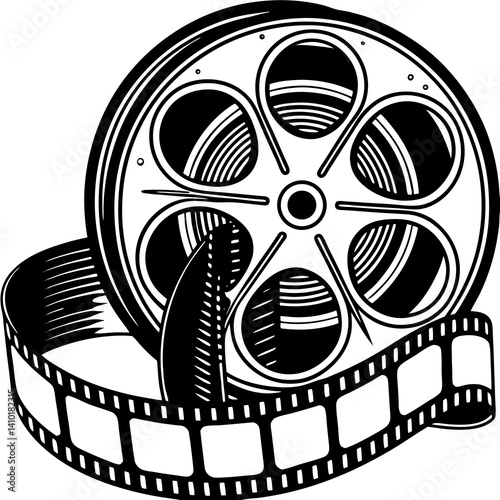 Retro Film Reel And Filmstrip Icon In Black And White Classic Cinema Concept Vector Illustration