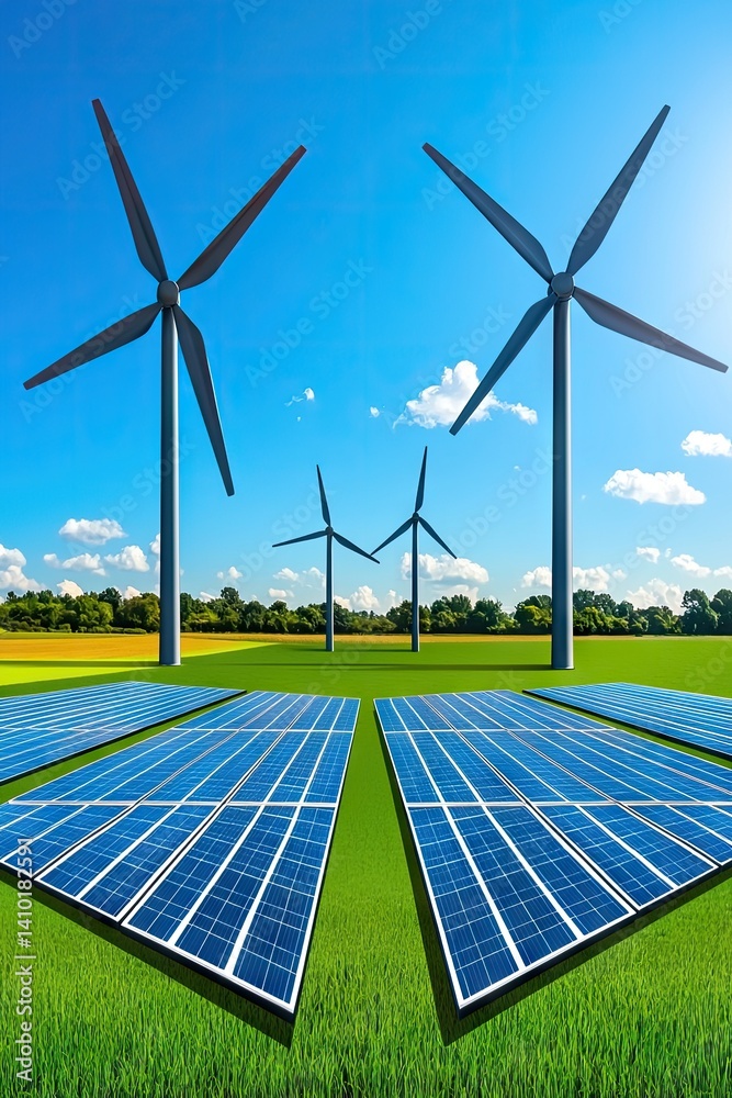 Obraz premium Green energy solar panels and wind turbines in a field