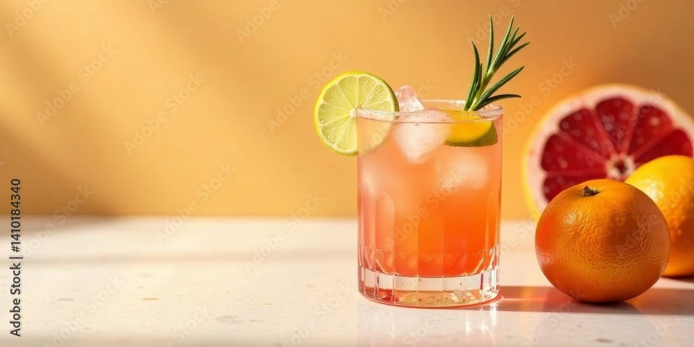 Fototapeta premium Refreshing citrus cocktail with ice, lime, and rosemary garnish on a bright surface