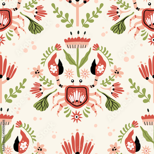 Folk hygge sea seamless pattern, fishes, seaweeds, corals, flowers and leaves scandinavian nordic style, ocean motives on background for wrapping, textile, digital and scrapbook paper