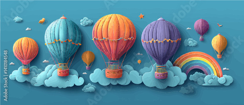 Colorful Hot Air Balloons and a Rainbow in the Sky Background or Wallpaper