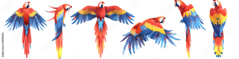 Obraz premium a set of watercolor parrots in different poses, flying and perched, vibrant red yellow and blue feathers, realistic parrot anatomy, isolated on white background
