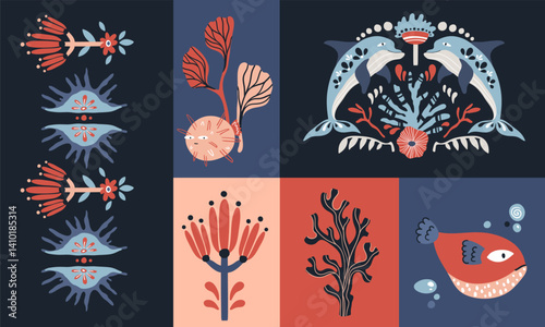 Folk hygge ready to use vector ocean print in Scandinavian style, folkloric isolated design on white. Composition with classic ethnic elements. Scandi folk motifs - sea animals, fishes and flowers